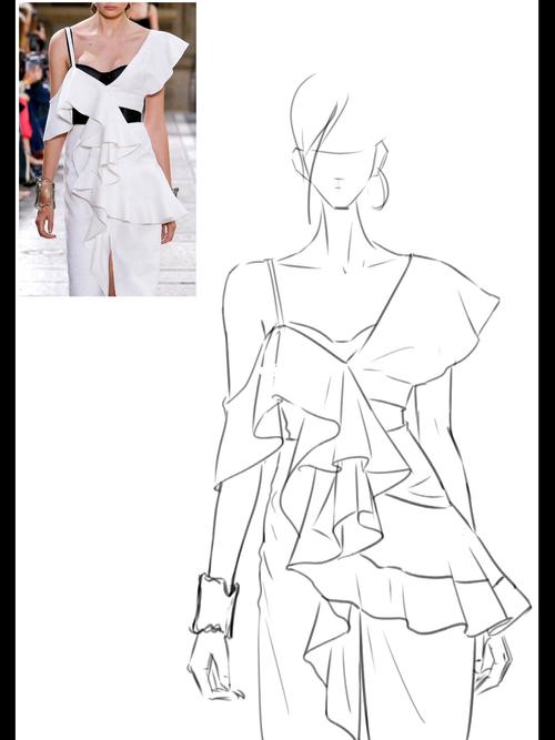 服装手稿| 荷叶边连衣裙线稿绘制_服装设计_连衣裙_荷叶边_线稿_绘画