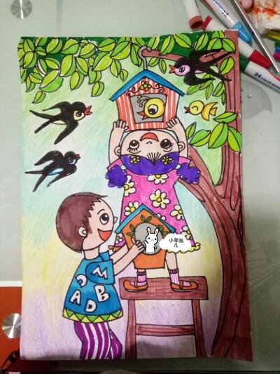 小鸟的家,儿童画,彩笔彩铅,春天