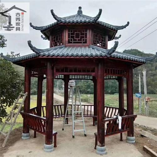 双层木质六角亭 重檐仿古四角凉亭 双层碳化木凉亭