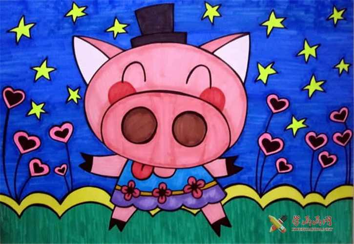 儿童画可爱的小猪,小猪油画棒作品