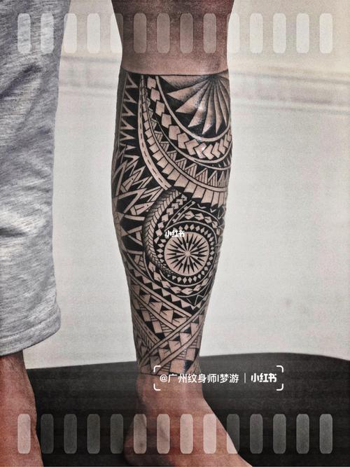 广州纹身 | 几何图腾包小腿 | 男生花腿纹身_纹身_刺青研究室_刺青