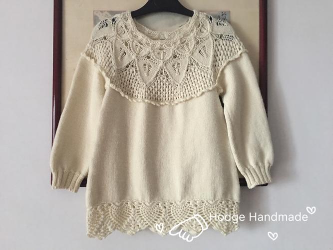 樱花 甜美可爱钩织结合儿童a摆裙式毛衣