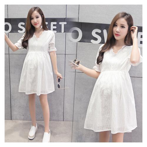 恋名媛孕妇夏装连衣裙夏天白色棉短袖哺乳衣中长款蕾丝上衣春装孕妇裙