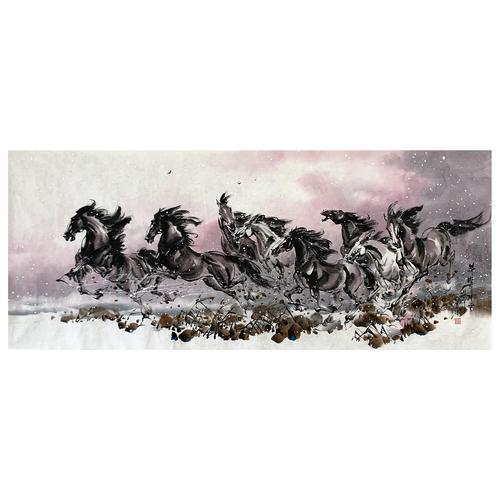 朝鲜画 带合影 人民艺术家 吴永成《万马奔腾》 星朝美术馆 动物