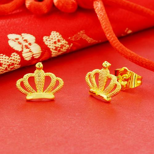 正品黄金耳钉养耳棒女24k纯金皇冠耳环3d耳饰