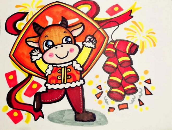 使得画面更加富有童趣 这样一幅有趣的牛年画就创作完成了