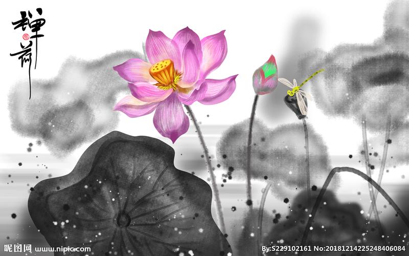 中式莲花水墨画玄关屏风背景底纹图片