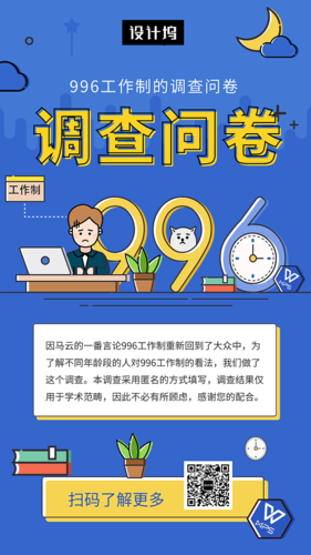蓝色创意插画996调查问卷手机海报模板