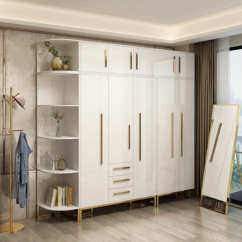 购客轻奢衣柜三门卧室白色挂衣橱加顶带抽屉网红现代转角五门衣柜组合