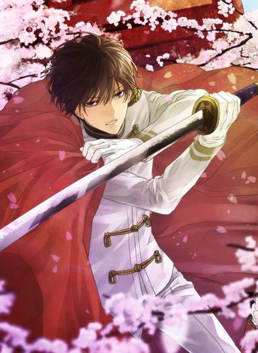 照一张图片 本田菊穿着白色军装 手执剑 红色背景