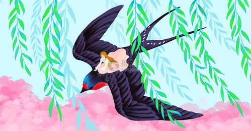 春天骑在燕子上的女孩