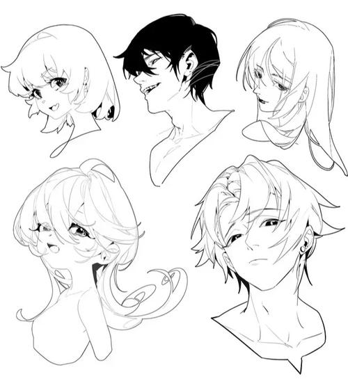 【绘画教程】动漫人物多角度头部与表情线稿