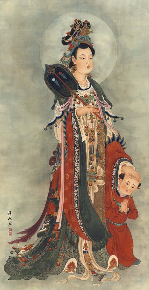 法海寺壁画人物《鬼子母》   绢本   110*50     庆年堂国画颜料绘制.