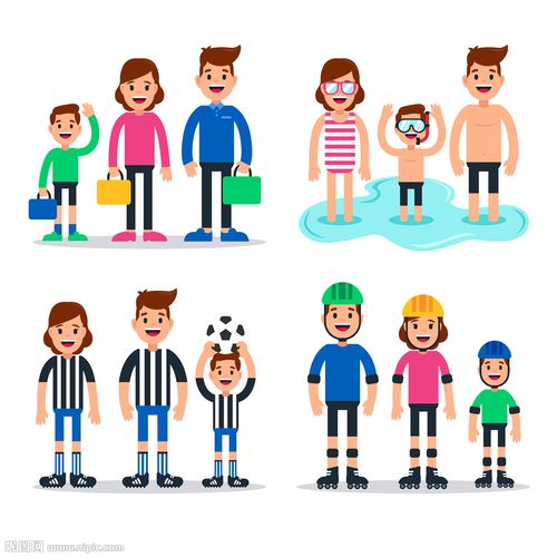 手绘多组家庭户外体育运动插画图片