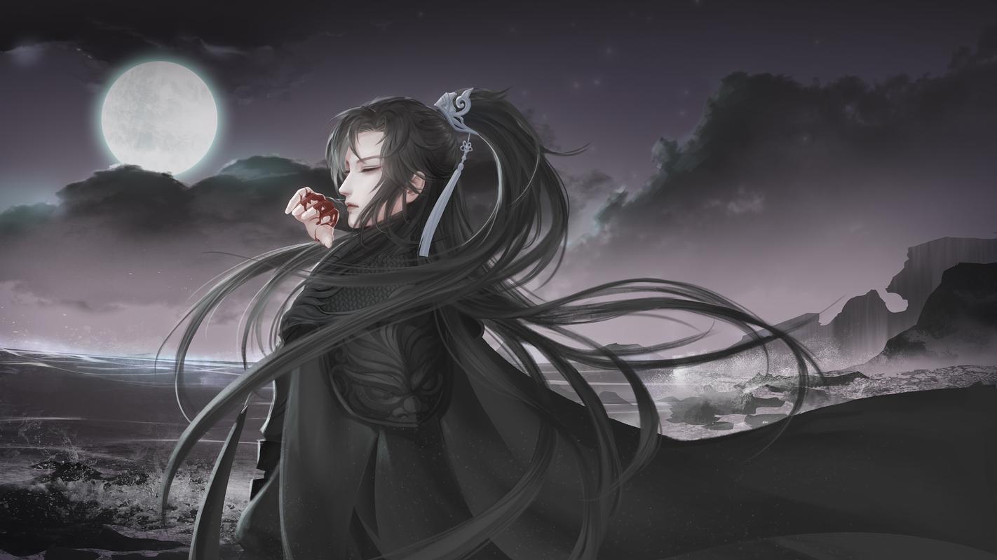 高清二次元动漫壁纸欣赏:图5圆月下的古风美少年,潇洒