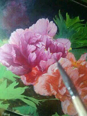 布面丙烯牡丹及绘画过程