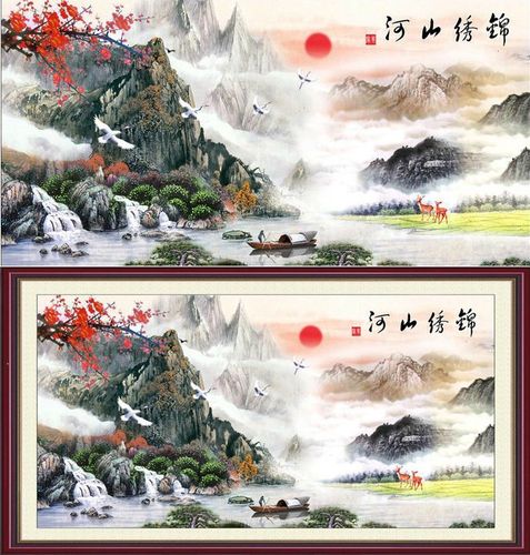促销新款精准印花丝线十字绣旭日东升锦绣山河客厅风景山水大画