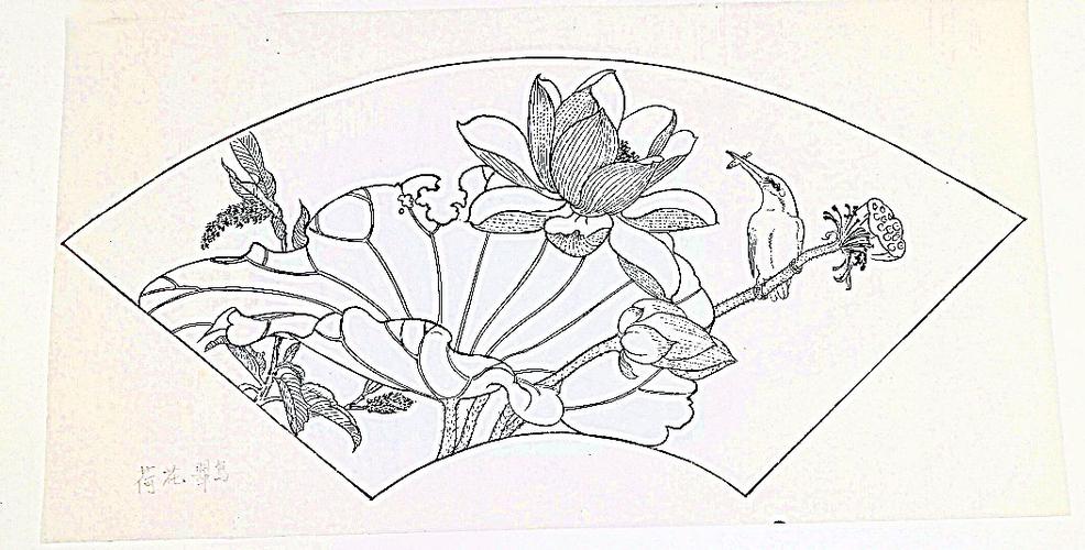 田荣桂白描工笔扇面花鸟画之一