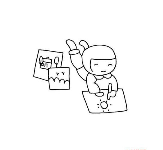 小女孩趴在地上画画的简笔画