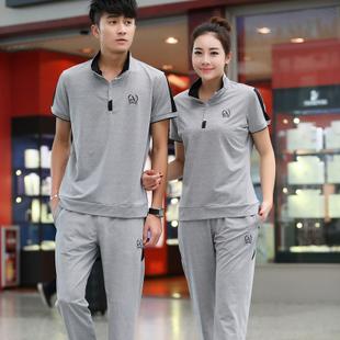 夏季情侣款运动服套装 2016夏天男士运动套装女短袖t恤长裤运动装