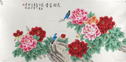 凌雪工笔画花开富贵花鸟画典雅红褐实木框手绘手工国画牡丹二