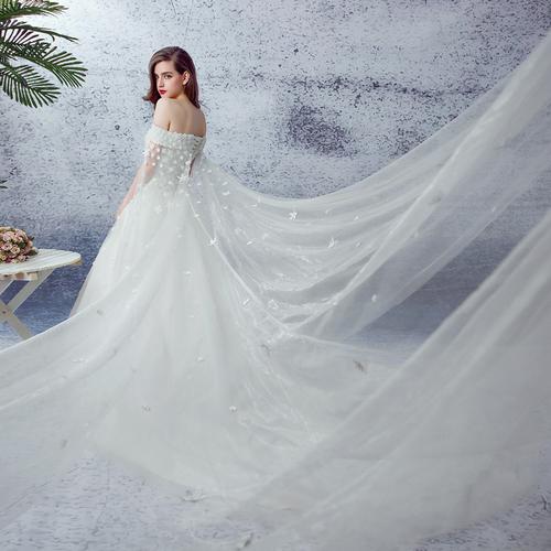 婚纱礼服2016新款一字领蓬蓬裙婚纱拖尾长飘纱白色欧根纱婚纱婚纱定制