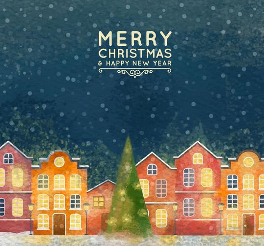 水彩绘圣诞夜小城风景矢量素材