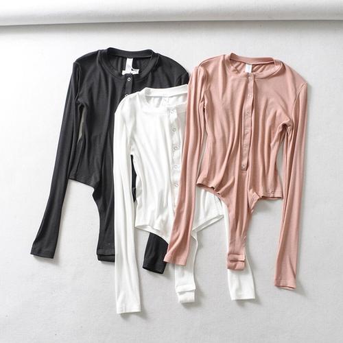 购客2019春新品 欧美性感紧身弹力三角连体衣女开衫 式t恤外穿连裆