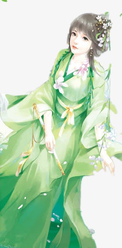 古风 绿衣 女子 清新 优雅 卡通图片