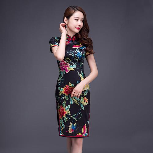 钱塘佳人桑蚕丝真丝旗袍中长款气质短袖中国风复古改良祺袍连衣裙