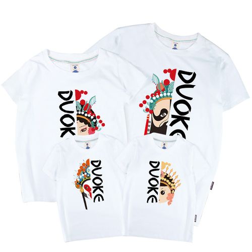 高端亲子短袖国风夏装脸谱洋气三口