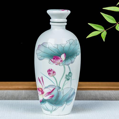 手绘荷花家用白酒酒瓶1斤装陶瓷空酒瓶 古风简约陶瓷酒瓶