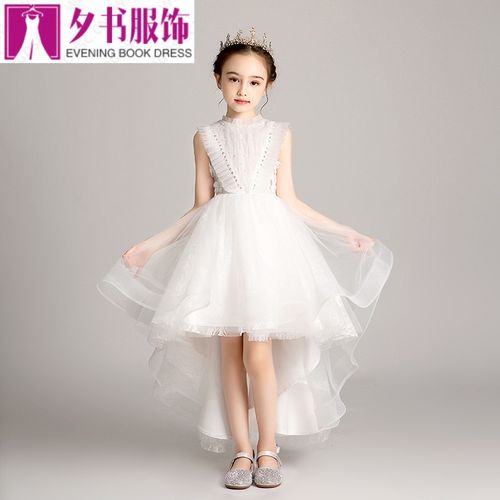 儿童礼服公主裙女童生日长袖小花童婚纱主持人钢琴演出服白色秋冬女孩