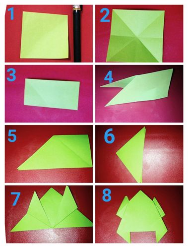 找出一张正方形的折纸和一支笔,参照折纸步骤图,折出自己的小青蛙喔