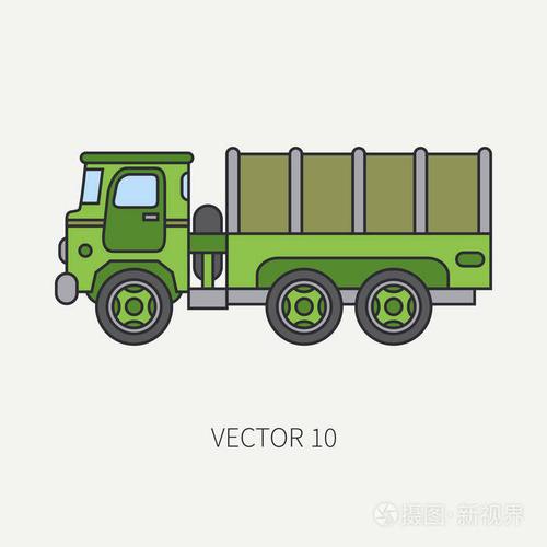 线平颜色矢量图标篷布货车辆军用卡车.军用车辆.卡通的复古风格.