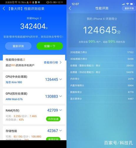 左为荣耀magic2,右为iphonex,可以看到,荣耀magic2的安兔兔跑分为