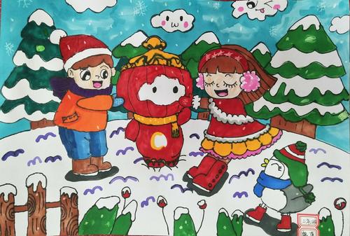 魏蓝的绘画作品  色彩艳丽,构图工整,表现出了自己对冰雪节,冬奥会的
