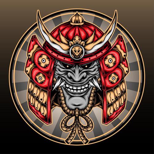 日本武士武将盔甲头盔日式插画