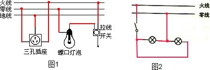 1用笔画线代替导线把图1中的三孔插座电灯及控制电灯的开关接到家庭