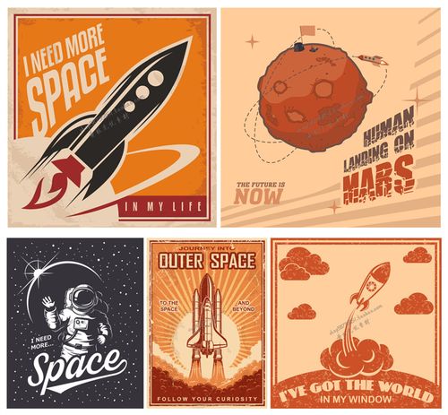 a2286矢量欧美复古科幻风格海报宇宙火箭火星图案模板ai设计素材