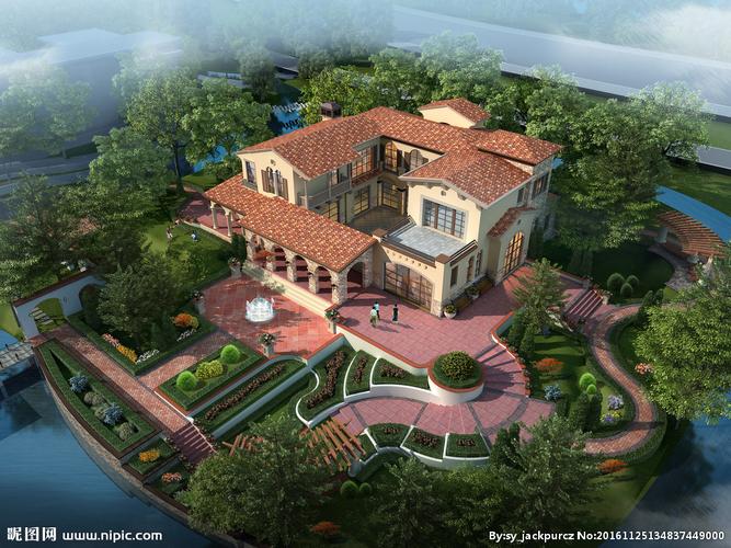 西班牙别墅鸟瞰效果图图片
