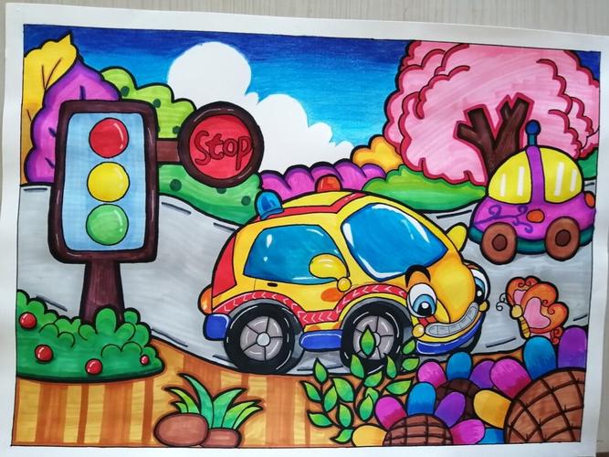 半原创儿童画马路上 材料:touch马克笔,软头马克笔,彩铅_儿童画_马克