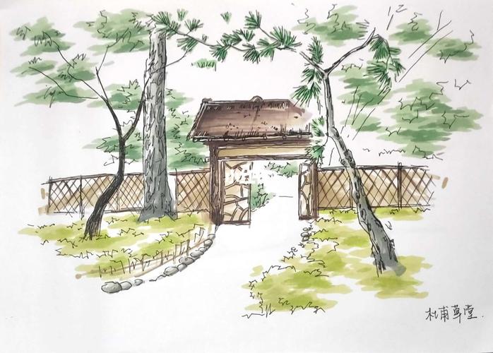 西蜀园林——杜甫草堂柴门_园林_手绘_临摹_线稿_马克