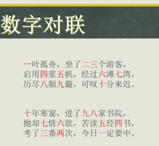 数字对联欣赏:        数字除了运用在诗词,成语游戏,谜语中,还可以