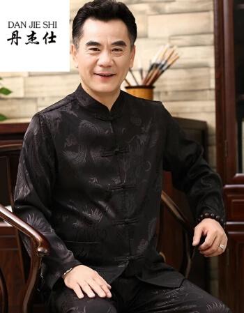 丹杰仕伟奇香港潮牌桑蚕丝春秋季男士唐装长袖套装中老年人中国风男装