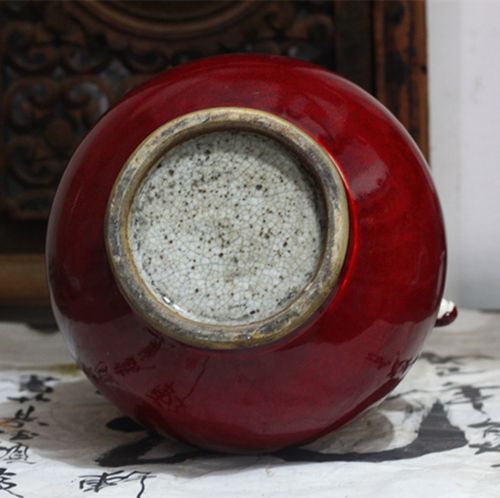 祥物居民间收藏景德镇老厂货祭红釉鹿耳鐏花瓶罐子古董摆