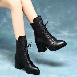 厚底马丁靴女2018新款春秋冬季真皮加绒女鞋百搭系带高跟粗跟短靴