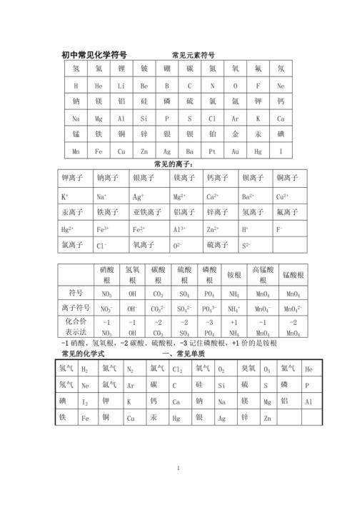 初中常见化学符号