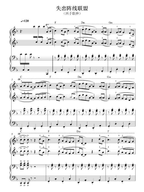 四手联弹《失恋阵线联盟》完整谱_琴谱_钢琴谱_娱乐_音乐