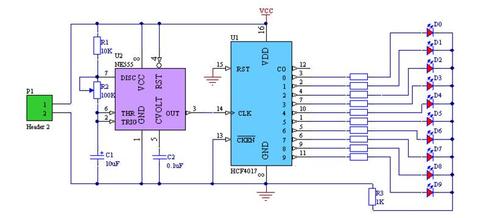 器芯片555及计数器芯片cd4017组成的带触摸功能的旋转led流水灯电路
